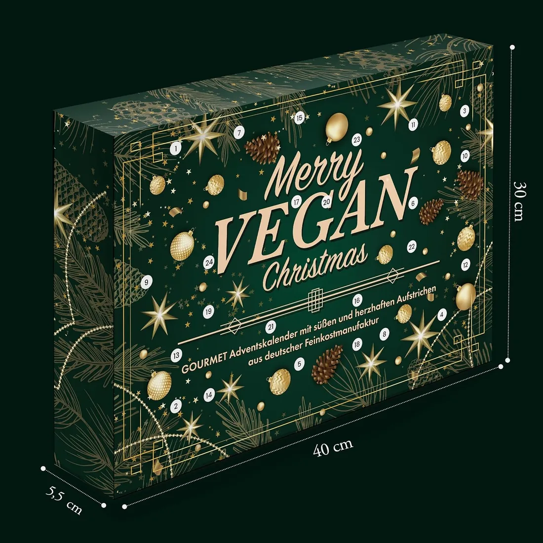Maße des veganen Adventskalenders: 40 × 30 × 5,5 cm