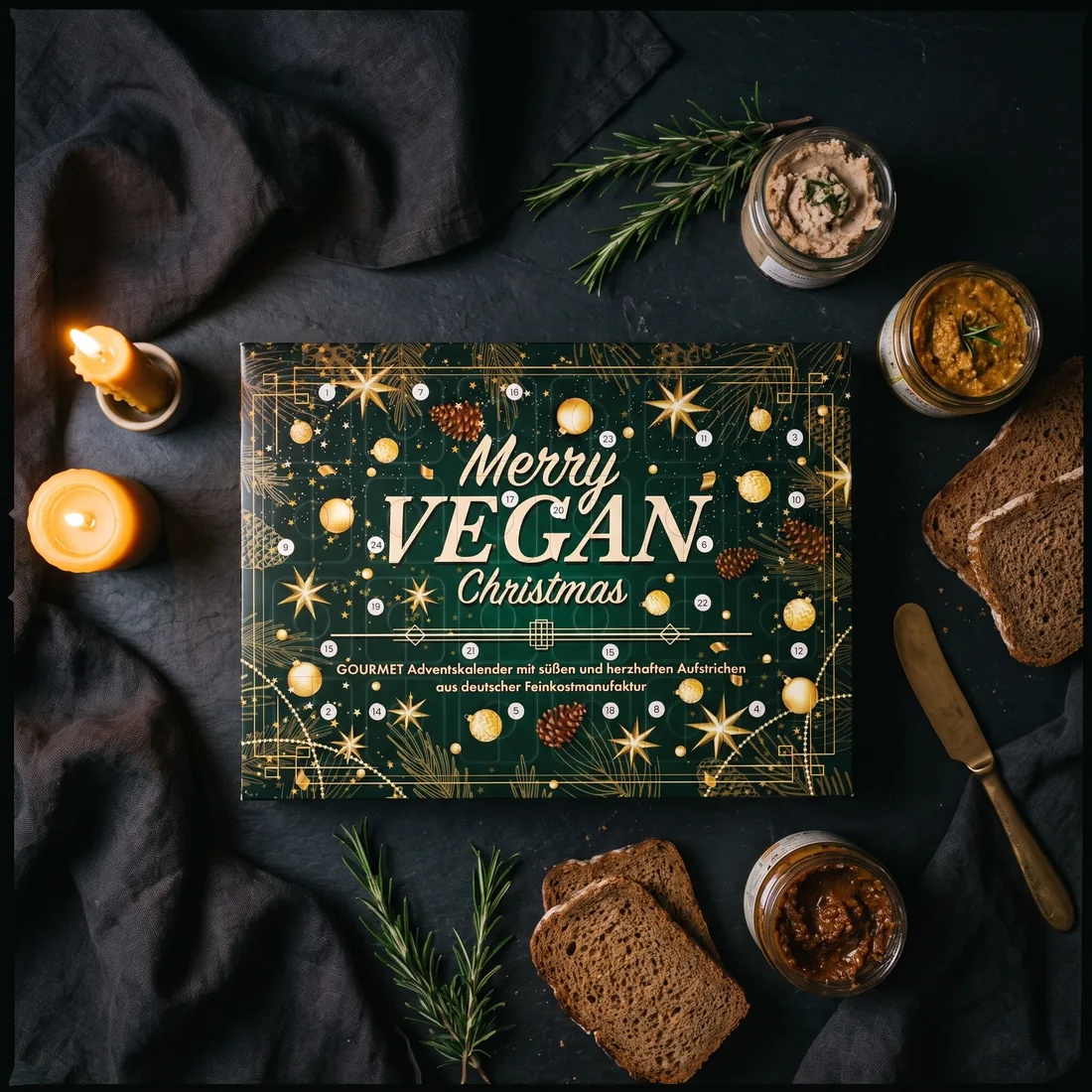 Aufsicht auf den veganen Adventskalender mit Gläschen, Brot und Kerze (KI-generiertes Motiv, Originalverpackung)